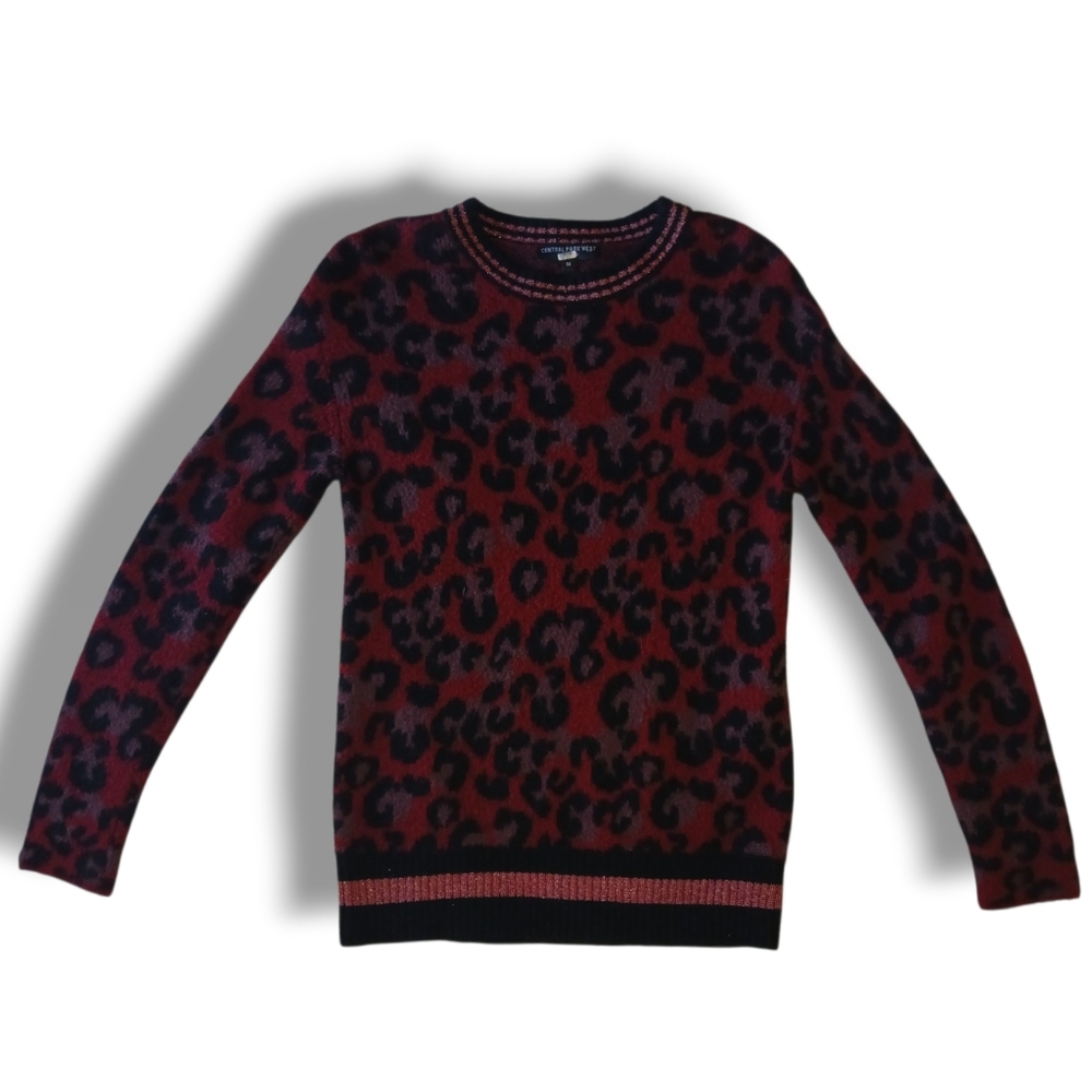 Pre-loved Central Park West Red Leopard Print Crew Neck Sweater, Size Medium